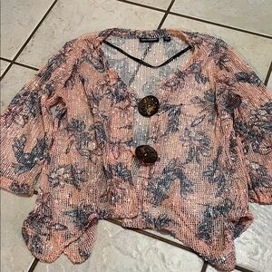 Nina Leonard Sz M Peach and Blue Sheer Floral Blouse